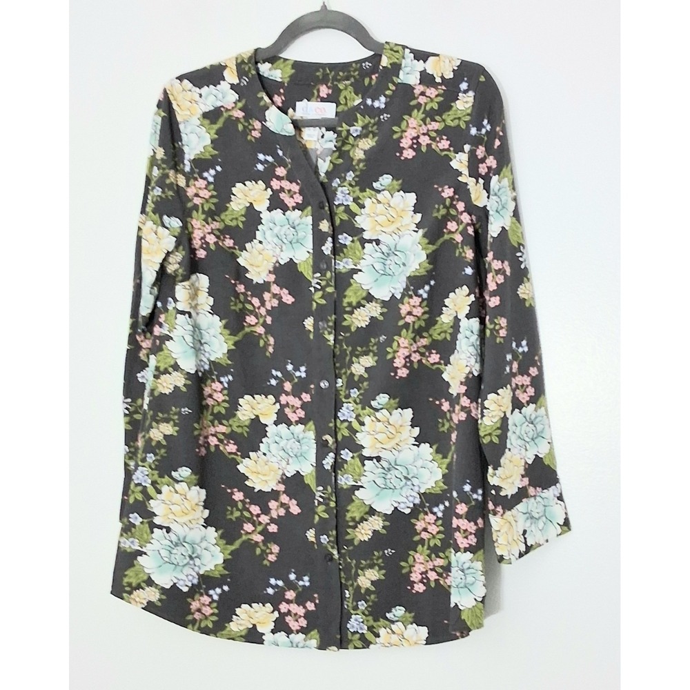 Denim &‎ Co Blouse Women's Size Small Petite Gray Floral Button Up Long Sleeve